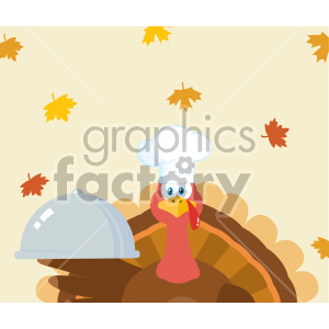 This clipart image features a cartoonish turkey wearing a chef's hat and holding a covered serving platter. The turkey is set against a background with autumn leaves scattered around, hinting at a Thanksgiving theme.