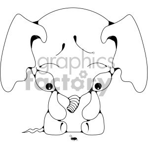   The image is a clipart depicting a cute cartoon-style baby elephant. Its large ears are spread out to the sides, and its eyes are looking downward towards a small bug on the ground. The elephant has a prominent trunk and seems to be sitting with its legs in front of it. 