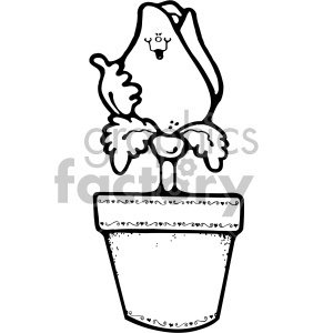 Clipart of a potted anthropomorphic flower bud with a face, leaves, and decorated pot.