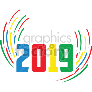 Colorful 2019 New Year celebration clipart with vibrant, swirling lines.