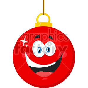 A festive red Christmas ornament with a smiling face and sparkling eyes.