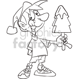 Clipart image of a smiling child character wearing a Santa hat and holding a Christmas tree-shaped ice cream.