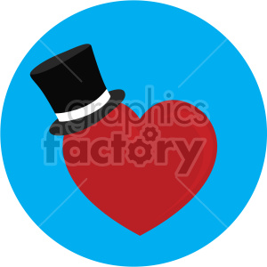 Clipart image of a red heart wearing a black top hat on a blue background, symbolizing love and sophistication.