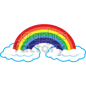 A vibrant rainbow arching over fluffy white clouds on a clear sky background.