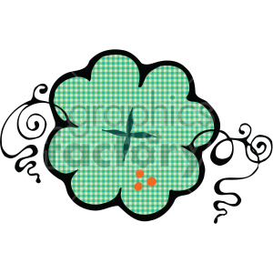 Clipart illustration of a four-leaf clover with a green checkered pattern and decorative black swirls.