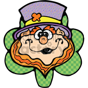 A cheerful and whimsical leprechaun character with a bushy red beard and a purple hat featuring an orange clover, set against a green checkered shamrock background.