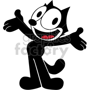 Cartoon black cat with a big smile, wide eyes, and open arms, standing upright.