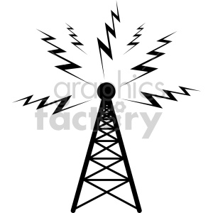 The image shows a black and white clipart of a radio tower emitting radio waves. The tower is a lattice structure and the waves are represented by zigzag lines radiating outwards from the apex of the tower.