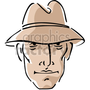 Clipart image of a man's face wearing a brown fedora, evoking a detective or mysterious persona.