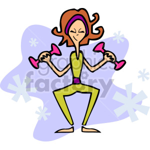 A stylized illustration of a woman exercising with dumbbells. She is wearing a green workout outfit, holding pink weights, and has a determined expression with a purple background featuring decorative elements.