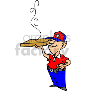 The image is a colorful clipart of a pizza delivery man. He is wearing a cap with a star emblem, suggesting a patriotic theme. He holds a steaming hot pizza box in one hand, and his pose suggests he is making a delivery. His attire, which includes a red shirt and blue pants, along with the cap, could be seen as having an American theme, especially given the star on the cap, which is reminiscent of the American flag.