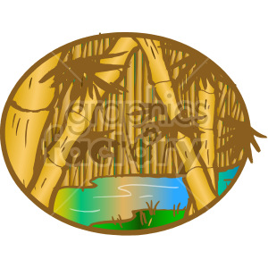   This clipart image depicts a stylized tropical bamboo forest. There is a collection of bamboo stalks with leaves, in various shades of yellow and brown, dominating the scene. At the lower portion of the image, there