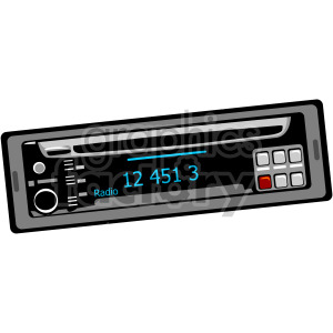This clipart image shows a car stereo system, also known as a car radio. It features an LED or LCD display showing the frequency numbers, preset buttons that can be programmed for easy access to preferred radio stations, a volume or tuning knob, and possibly other multimedia controls.