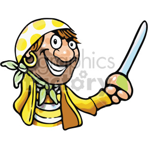 A cartoon pirate man with a yellow polka-dotted headscarf, wearing a striped shirt and yellow coat, holding a sword and smiling.