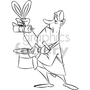 A cartoon magician performing a trick, holding a wand and pulling rabbit ears out of a hat, but instead of a body, there is a stick of dynamite! The magician is dressed in a purple suit, with a bow tie and a top hat, creating a humorous and entertaining scene.