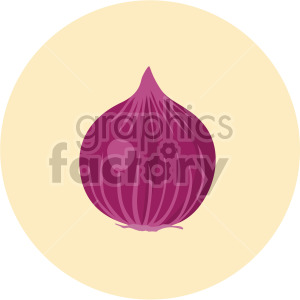 Clipart illustration of a red onion on a beige circular background.