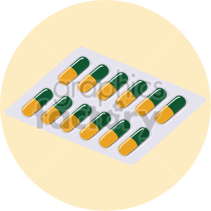 Clipart image of a blister pack containing green and yellow capsules.