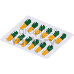 Illustration of a blister pack containing green and yellow capsules.