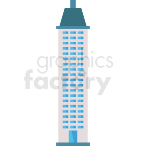 Illustration of a tall skyscraper with multiple blue windows and a dark blue roof.