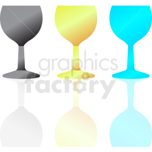 Clipart image of three stylized wine glasses in gray, yellow, and blue with reflections.