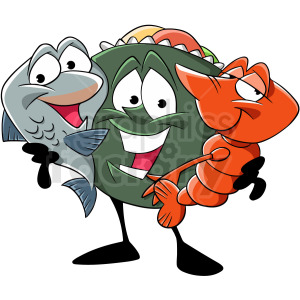 Colorful clipart image of a happy taco holding a playful fish and a cheerful lobster.