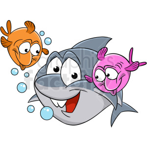 The clipart image features three cartoon-style sea creatures which appear to be a baby shark surrounded by two fish, with one fish being orange and the other pink. They are all swimming underwater, accompanied by small bubbles around them.