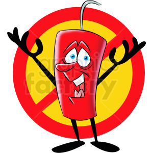 A cartoon firecracker character is animated with arms and legs in front of a red prohibition sign, symbolizing no fireworks or banned fireworks.