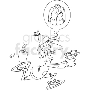 Cartoon illustration of a homeless man happily running with money in hand, dreaming of a new suit depicted in a thought bubble.