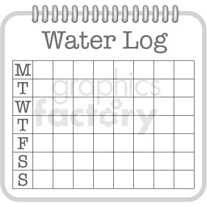 A clipart of a water log tracker on a notepad with a spiral binding at the top. The grid is labeled with days of the week and has empty cells for tracking water intake.