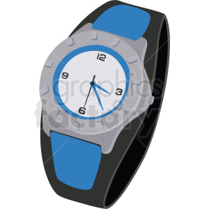 A clipart image of a wristwatch with a blue and black strap, and a grey case with blue and black hour markers.