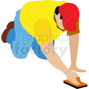 Clipart image of a man kneeling and working with a trowel on a concrete surface, wearing a yellow shirt, blue pants, and a red cap.