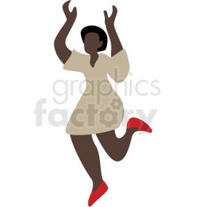 Clipart image of an African American woman dancing with raised arms, wearing a beige dress and red shoes.