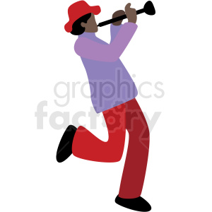 Clipart image of a musician playing a wind instrument, featuring a stylized, colorful design.