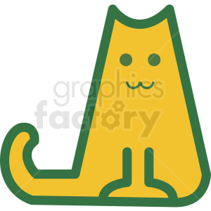 The image is a simple and stylized illustration of a cat. The cat is depicted in a minimalist design, with a yellow body, green outlines, and features such as eyes, nose, mouth, and whiskers that are reduced to basic shapes.
