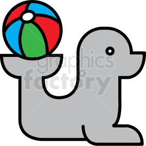 A clipart image of a gray seal balancing a colorful beach ball on its nose. The beach ball has sections in red, green, and blue.