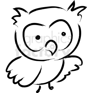 A simple black and white line drawing of a cartoon owl with large eyes and spread wings.