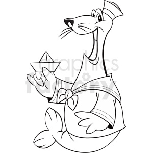 The image is a black-and-white clipart illustration of a seal dressed up in a sailor outfit. The seal is depicted with a whimsical expression, tilting its head slightly while wearing a sailor's hat. It is holding a paper boat in one of its flippers and has a bow around its neck.