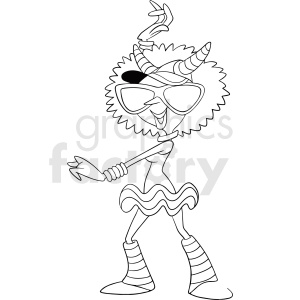 A cartoon character dancing at a rave, wearing sunglasses and a horned headpiece, with wavy hair, a dress, and striped boots.