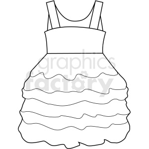 A black and white clipart image of a sleeveless dress with a ruffled skirt.