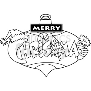 This black and white clipart image depicts a festive Christmas ornament with the words 'Merry Christmas' written across it. The design includes elements such as a candy cane, a Christmas tree, a Santa hat, and holiday wreaths, emphasizing the holiday spirit.