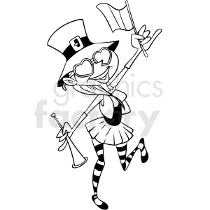 A cartoon-style illustration of a girl celebrating St. Patrick's Day. She's wearing a leprechaun hat, heart-shaped glasses, and striped socks. She holds a flag and a trumpet, expressing joy and excitement.