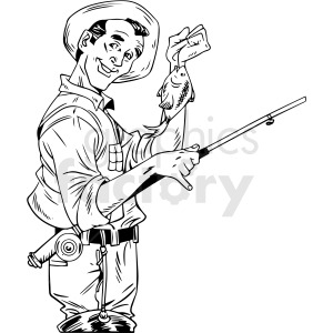 A black and white clipart image of a smiling man wearing a hat, holding a fishing rod in one hand and a small fish in the other.