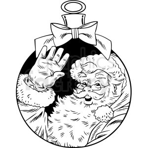 A black and white clipart image of a jolly Santa Claus inside a Christmas ornament, waving with a cheerful expression. The ornament is adorned with a large bow at the top.