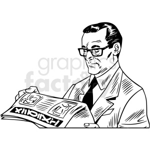 Black and white clipart image of a man wearing glasses and a suit, reading a newspaper.