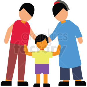 Clipart image of a family with two adults and a child holding hands, featuring simple geometric shapes and bright colors.