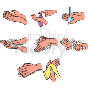 A sequence of illustrations showing the steps of washing hands, including applying soap, rubbing hands with soap, and drying hands with a towel.