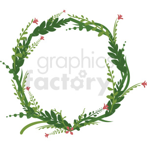 Clipart image of a round green floral wreath with small pink flowers.