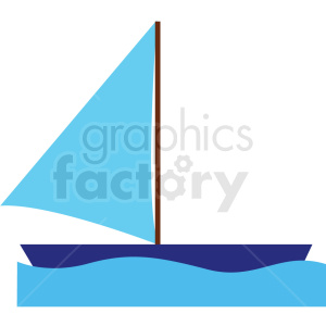 A simplistic clipart image of a sailboat with a blue hull and a light blue sail, sailing on water represented by blue waves.