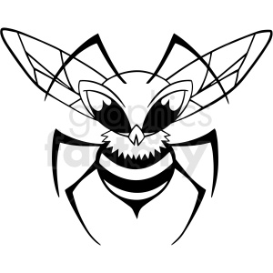 This is a black and white clipart image of a wasp with large, detailed wings and a striped body.