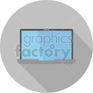 A simple clipart illustration of a laptop with a blue screen on a grey circular background.